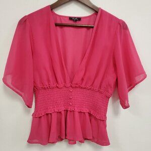 Kaleina Womens Coquette Fairy Top Size L Pink Smocked Milkmaid Sheer Dainty‎